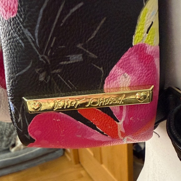 Betsey Johnson Black Floral Mini Backpack with Pink Roses - Picture 2 of 5